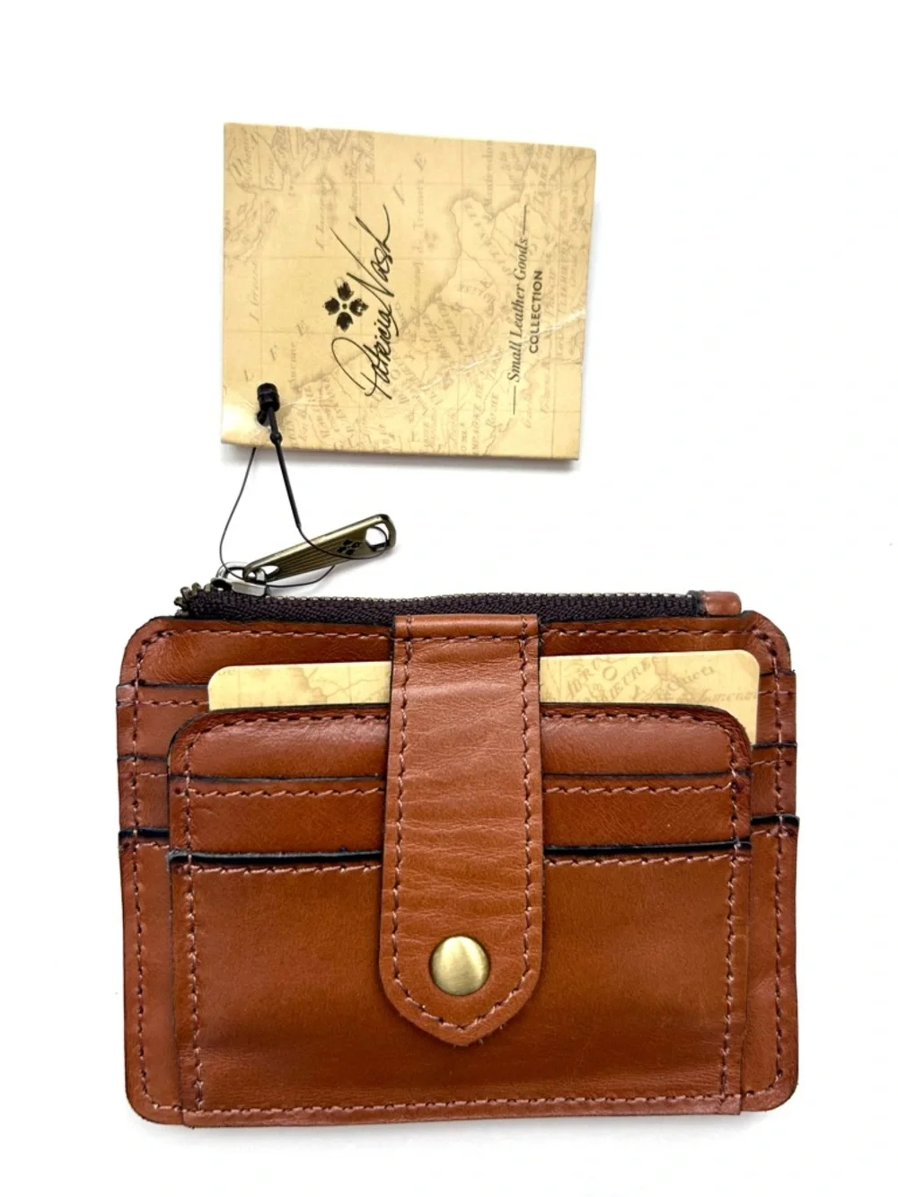 Patricia Nash Cassis ID Case Wallet Key Chain Coin Purse Biscuit Brown Leather - Picture 4 of 9